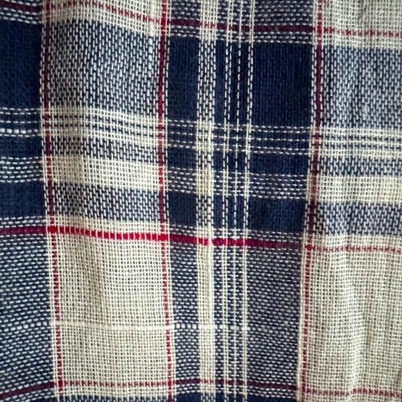 Self navy Blue long sleeved split back T-shirt with linen plaid underlay M - Picture 7 of 9